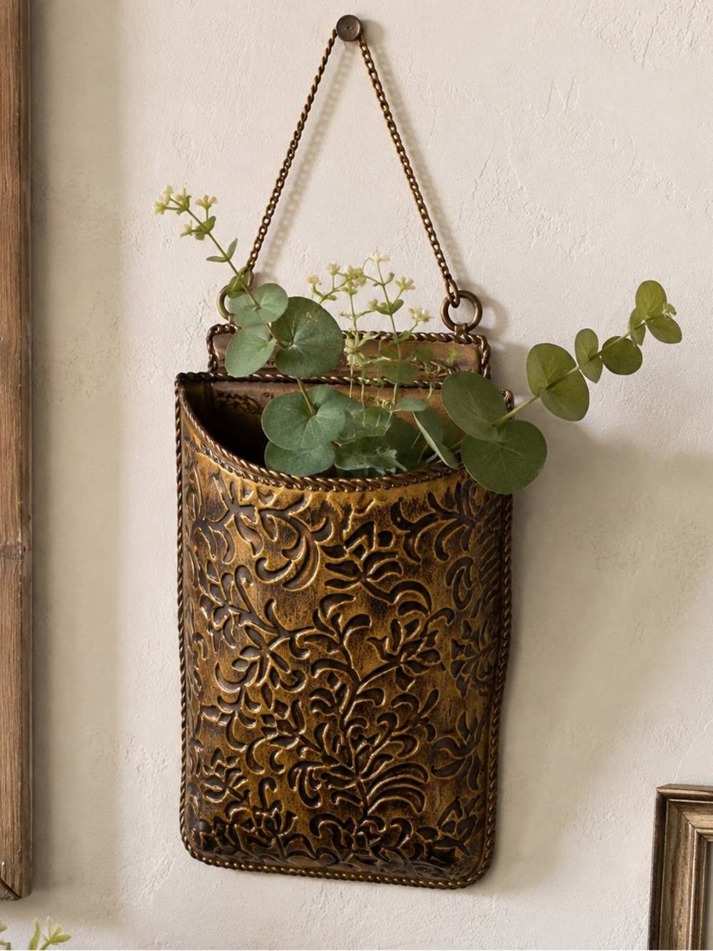 Vintage 1990s Embossed Metal Wall Pocket – Burnished Gold & Brown